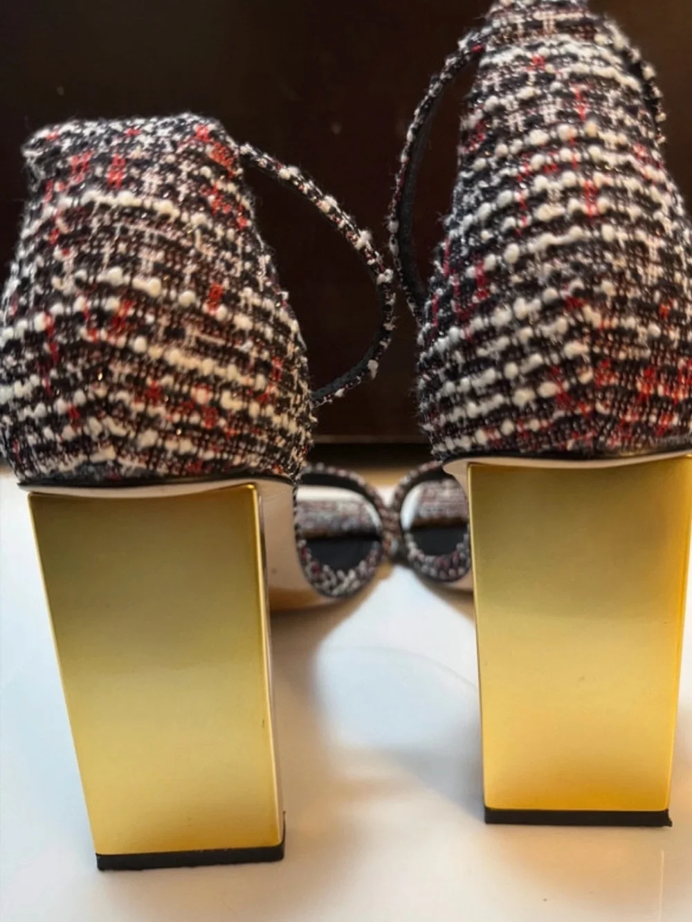 Ted Baker Tweed Square-Toe Ankle-Strap Block Heels in Black and Red multicolor